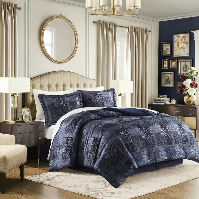 4 Pcs King Comforter In Navy - Hidden Zippers, Exquisite Patchwork Design, Machine Washable , 100% 2022 Upgraded , Decorative Rope On Shams,