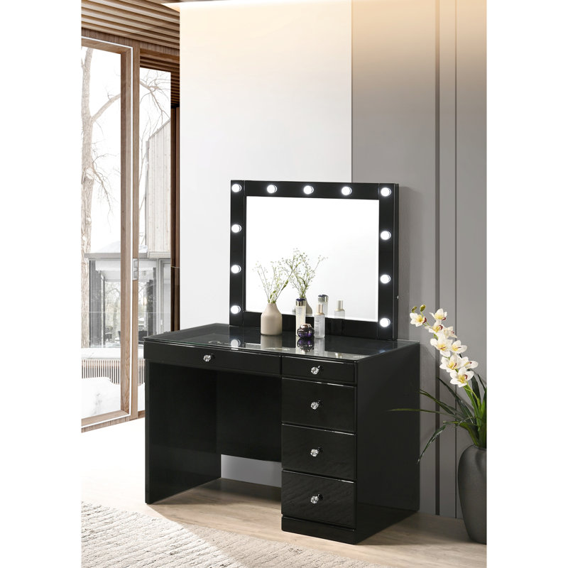 Black Makeup Vanity Table With 5 Drawers, Glass Top For Bedroom Setup Style Use, Black