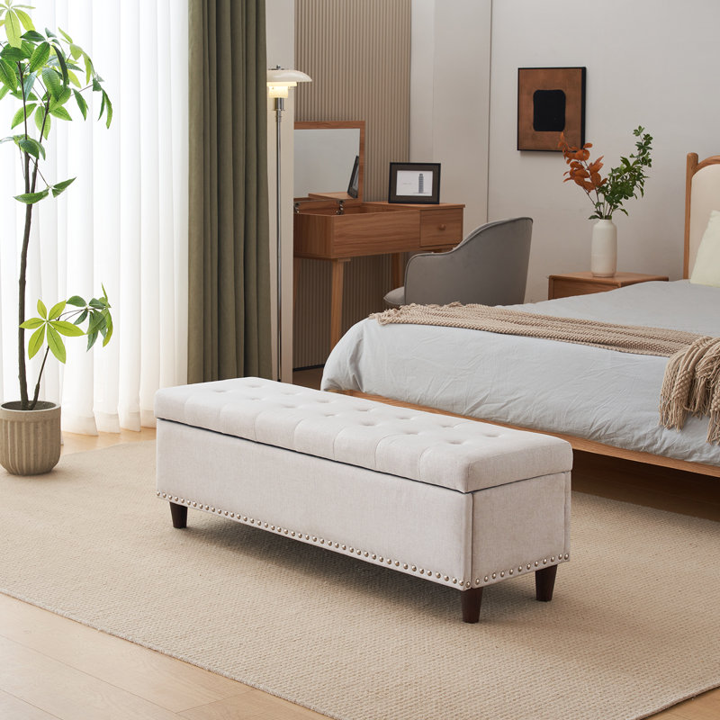 Amelda Upholstered Storage Bench, Beige 100% Linen