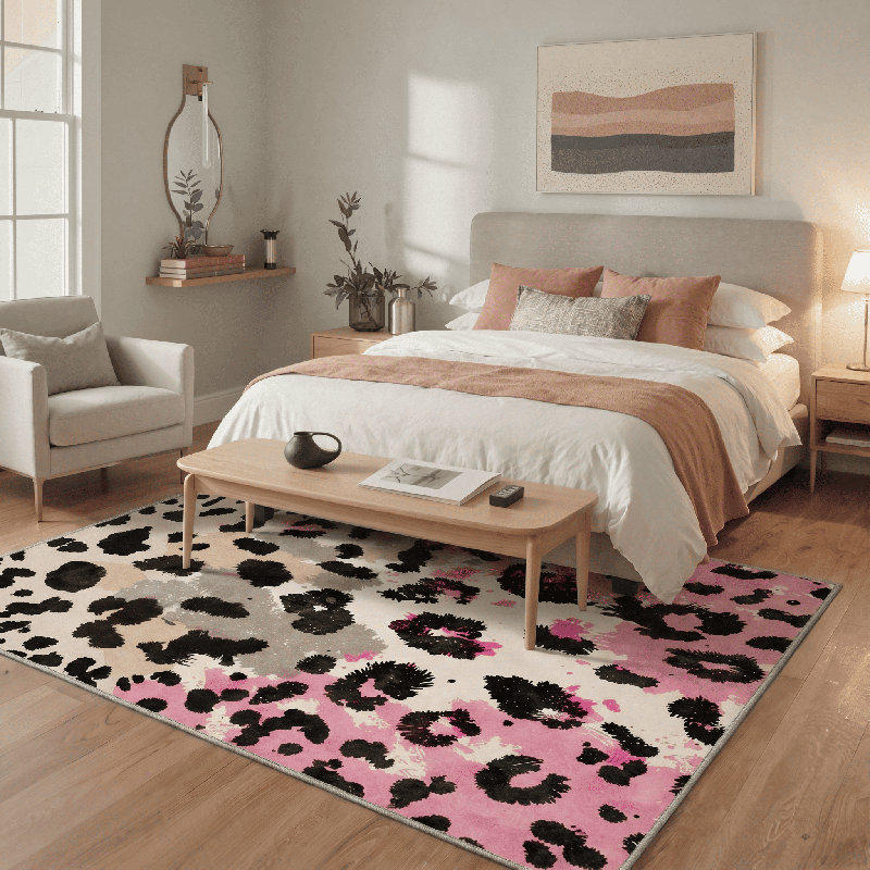 Verona Animal Leopard Print Machine Washable Pink / Beige / Black / Gray Indoor Area Rug with Non-Slip Backing
