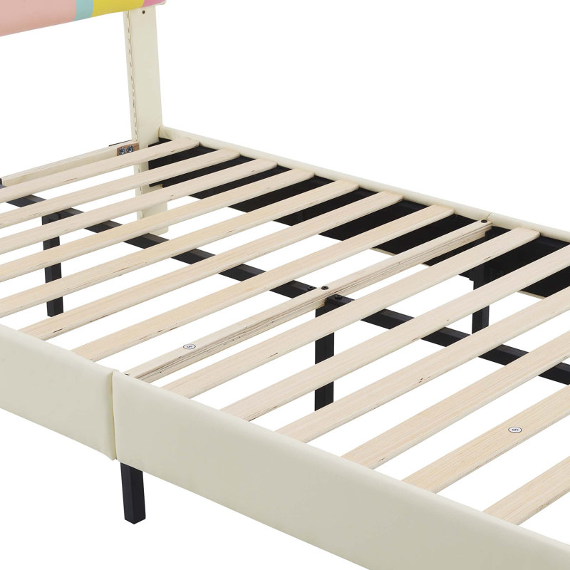 Full Size Upholstered Platform Bed With Rainbow Shaped And Height-Adjustbale Headboard,LED Light Strips