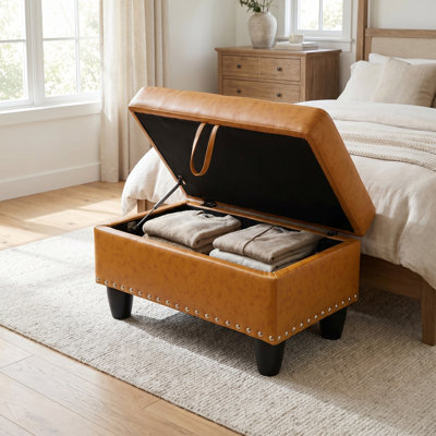 Tan Vintage Faux Leather Tufted Storage Ottoman Bench with Nailhead Trim, Solid Wood Frame Lift Top Foot Stool