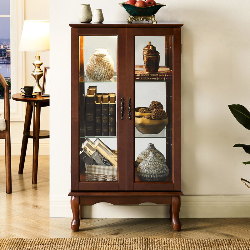 Vitrine Curio en noyer avec tablettes réglables en verre et tablette à finition miroir, Noyer