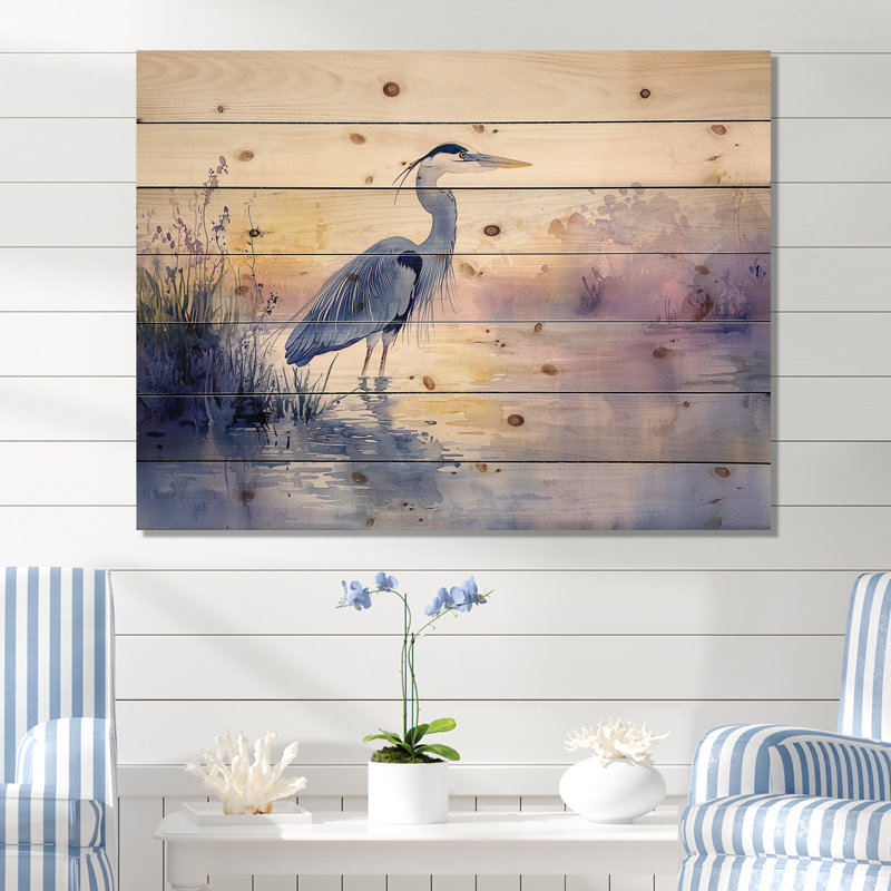 Héron rose et bleu au crépuscule III - Héron, décoration murale en bois animal - sur bois de pin naturel