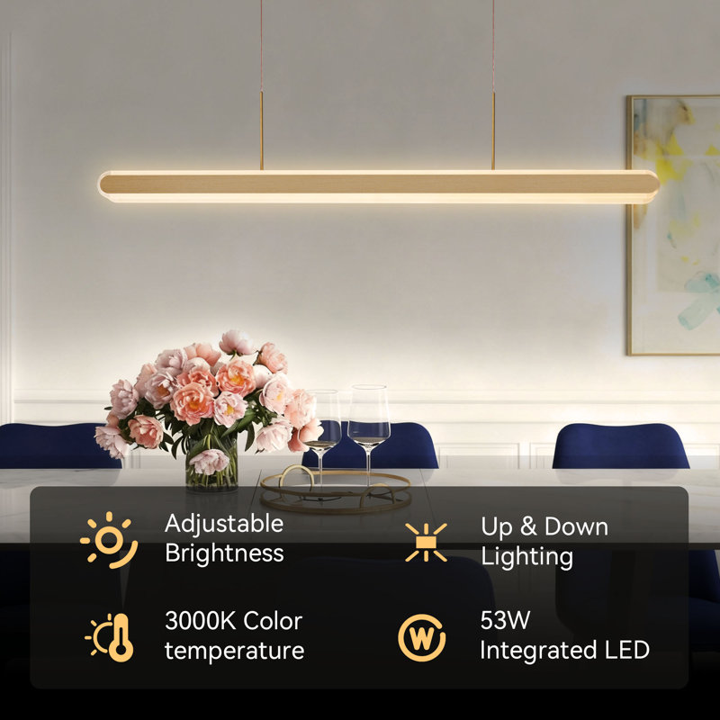 Gianni - 47.2" Wide LED  Linear Pendant Light in Brushed Champagne , 53W 3000K Dimmable Modern Chandelier for Kitchen Island & Dining Room, 130" Height Adjustable