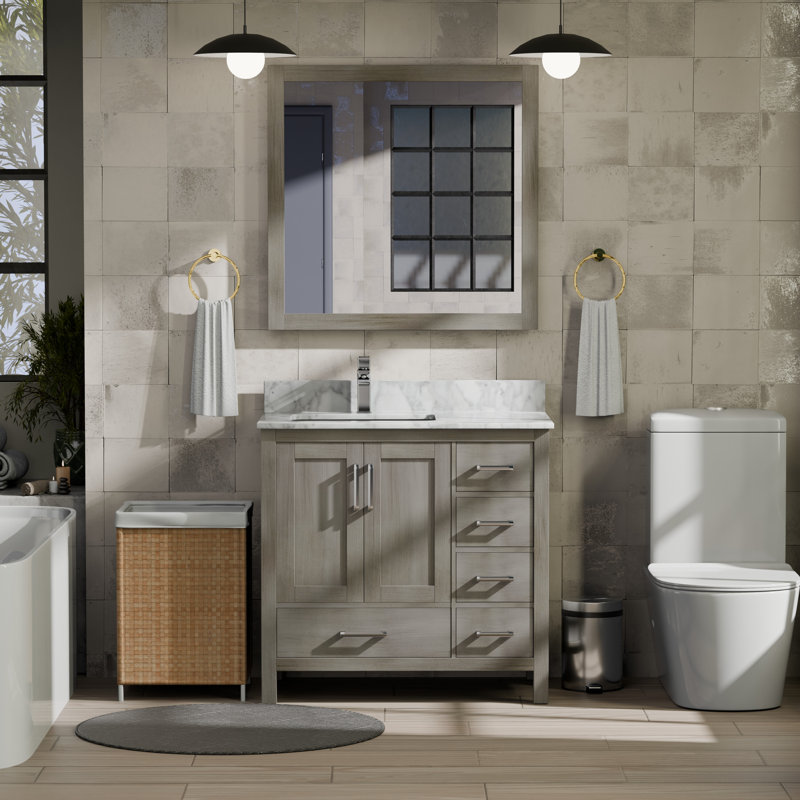 Jacques 36 in. W x 22 in. D Left Offset Bath Vanity and Top, Distressed Gray, White Carrara Marble