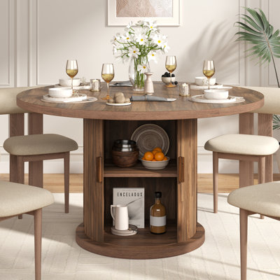 47" Round Dining Table for 4-6, Farmhouse Fluted Kitchen Table with Storage Shelf, Modern Circle Dinner Table with Pedestal Base for Dining Room, Walnut