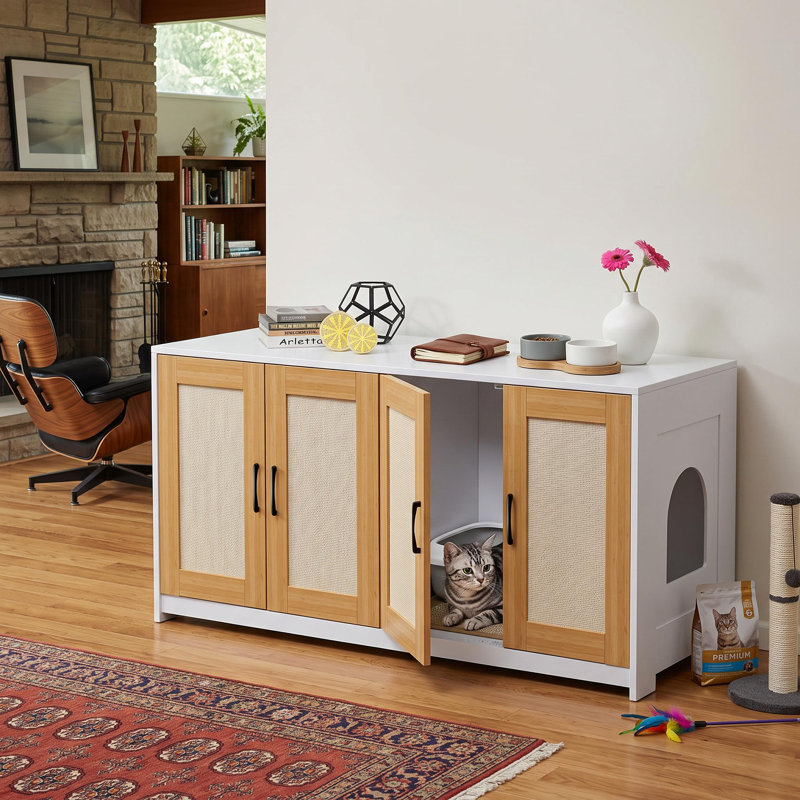 Double bac à litière pour chat, armoire cachée en bois 52 po avec portes à griffer en sisal, fond coulissant, blanc