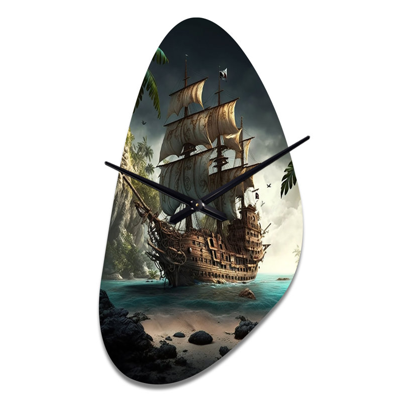 Bateau pirate sur l'océan - horloge asymétrique en métal, horloge murale brune, Grand