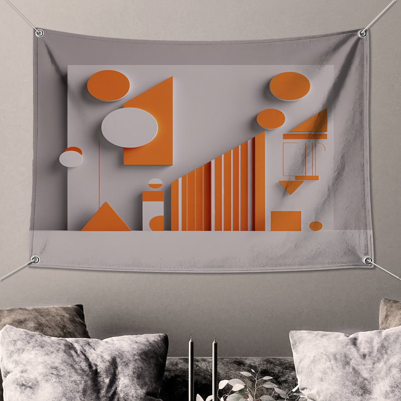 Tapisserie murale orange à formes blanches et géométriques, 68 po H x 80 po L avec 4 œillets