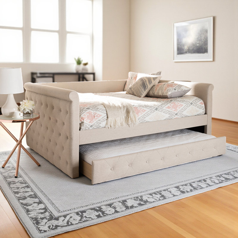 Lit de jour tapissier avec gigogne Jaila, Grand, Beige clair