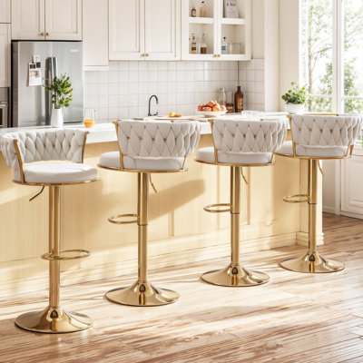 Ensemble de 4 tabourets de bar modernes en velours tissé, réglables en hauteur, pivotants et avec dossier, chaises de bar rembourrées avec base dorée pour cuisine, bar ou salle à manger.