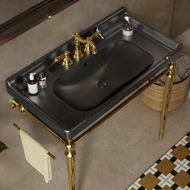 Console de salle de bain murale avec lavabo en céramique et trous de robinet pré-percés, Noir