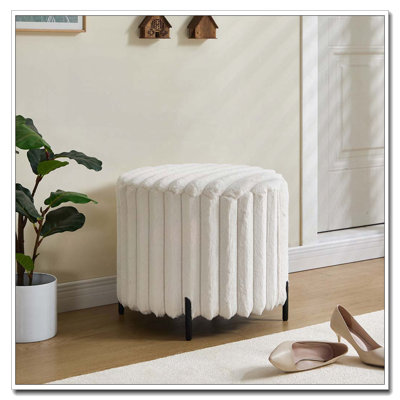 Faux Fur Upholstered Round Ottoman with Black Metal Legs