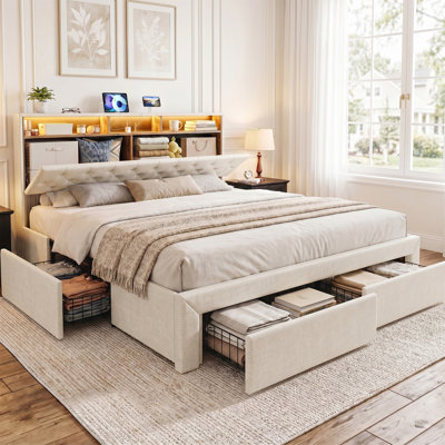 California King Bed Frames With 4 Drawers & Hidden Storage Headboard, Upholstered Cal King Platform Bed With Led Lights And Charging Station, No Box Spring Needed, Noise Free, White