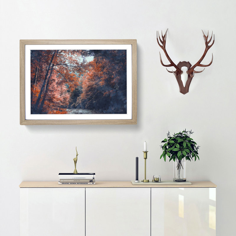 Stream Behind the Red Trees - Picture Frame Graphic Art Print, Oak Framed, 24cm H x 33cm W x 2cm D