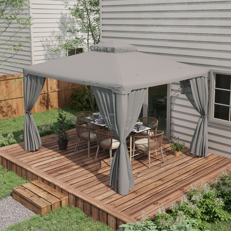 9.6' X 11.6' Patio Gazebo Outdoor Canopy Shelter With 2-Tier Roof And Netting, Steel Frame For Garden, Gray, Gray