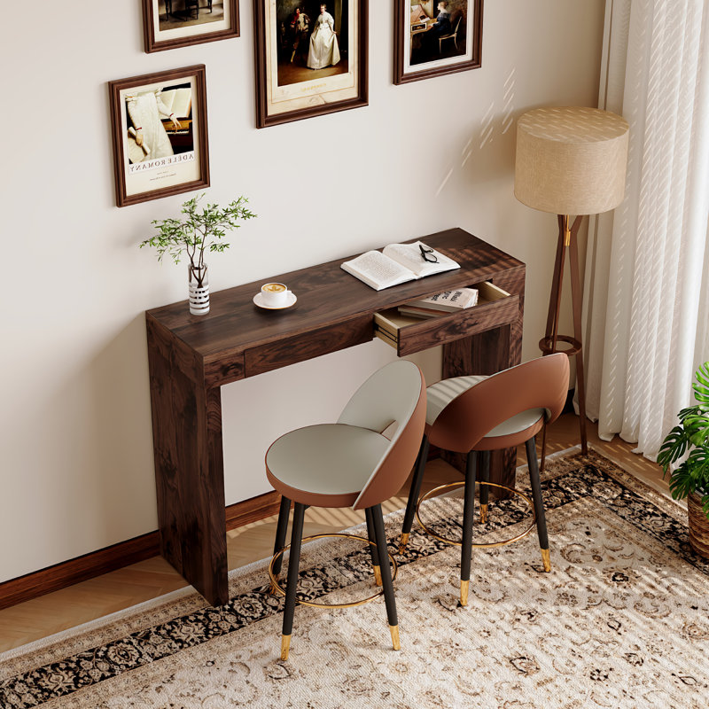Modern Counter Height Table Set with Drawers and Swivel Stools, Gray/Brown, 3 Pieces: Table, 2 Chairs