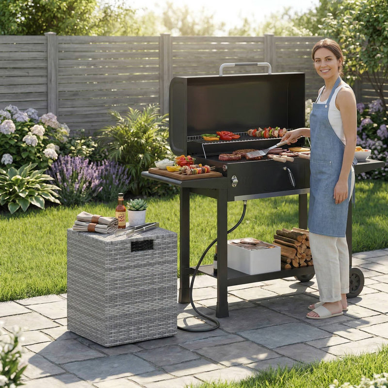 Table d'appoint avec couvercle de réservoir en propane robuste en rotin tissé à la main avec cadre de support stable et plateau plat lisse pour barbecue dans la cour arrière