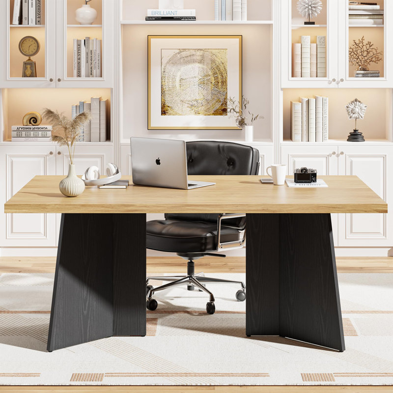 63" Dining Table for 6-8, Modern Rectangular Kitchen Table with Heavy-Duty Dual Pedestal Legs, Natural, Black