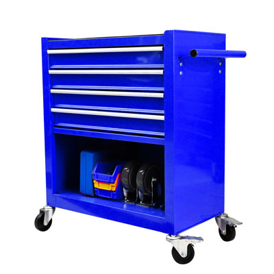 Blue 4 Drawers Multifunctional Cart With Wheels. Steel Structure & Powder Coating. Effortless -Bearing Drawer Movement. 4"  2 Locked, 2 Unlocked . Added Storage Space. 24.65*13*29.53 Build Smooth