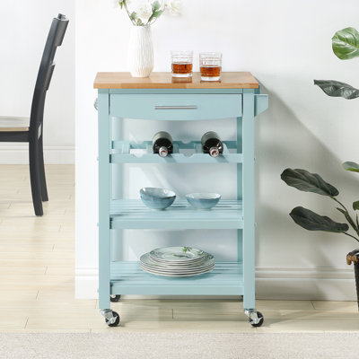 Michelle 4 Tier Butcher Block Kitchen Cart with Drawer and Wine Rack