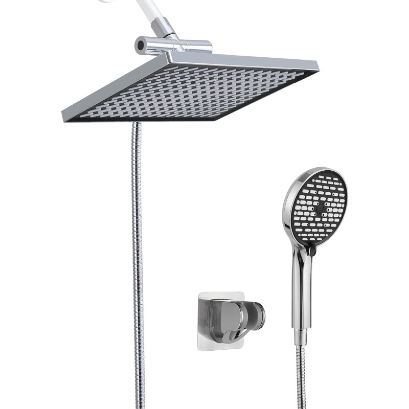 Pomme de douche rectangulaire double 12 po avec douchette à 6 jets et fixation murale Chrome, Chrome chrome