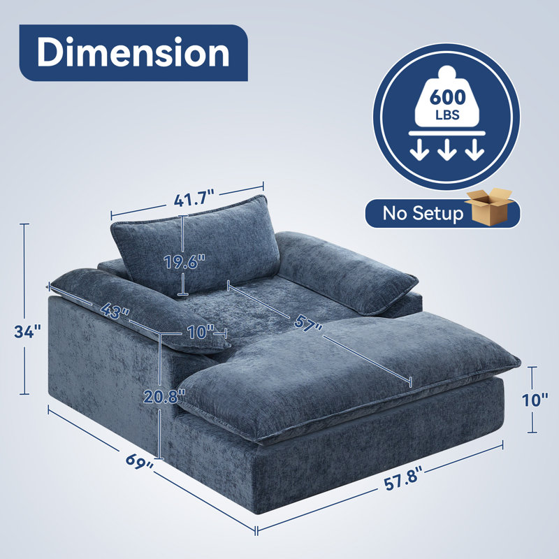 69" D Oversized Chenille Upholstered Boneless Chaise Lounge Chair, No Assembly, Blue