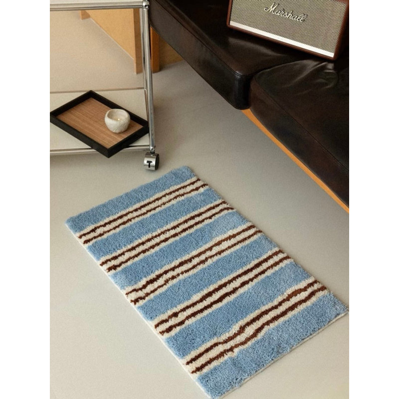 Tapis de bain ultra doux à rayures bleues rétro