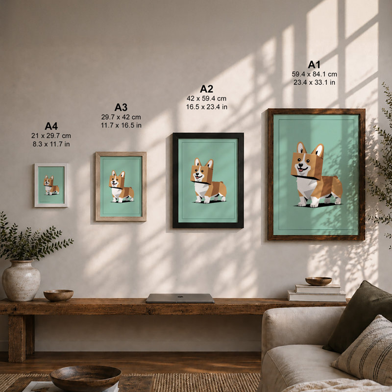 Geometric Corgi Modern - Framed Print, Black, A3 - 42.0 x 29.7 cm
