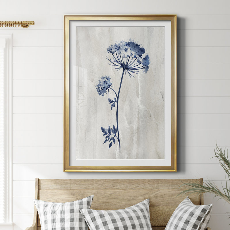 Indigo Botanical I by J Paul - Vintage Botanical Print, Matted and Framed Under Acrylic Glass, Living Room and Dining Room Wall Art
