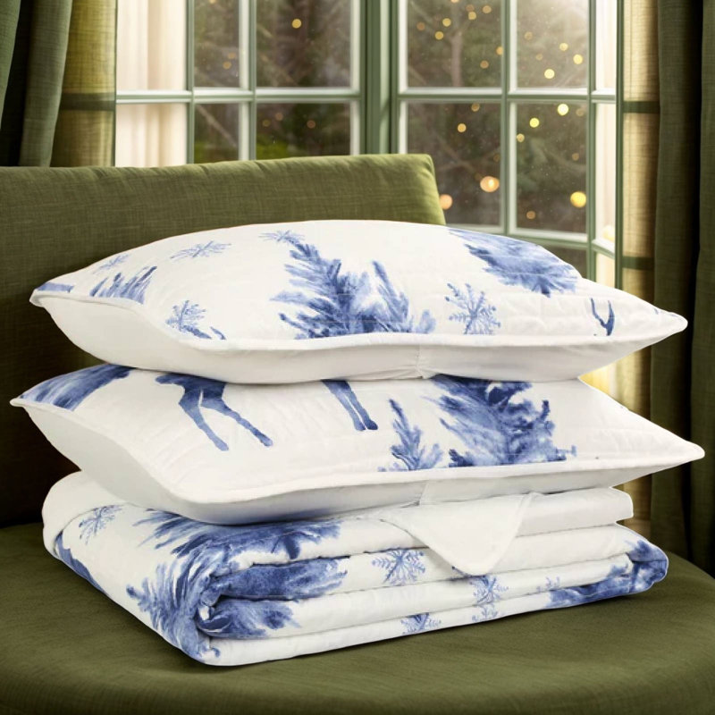 Marcielo Lightweight All Season Reversible Comforter Quilt Set with Shams, Queen Quilt + 2 Shams, Blue/White
