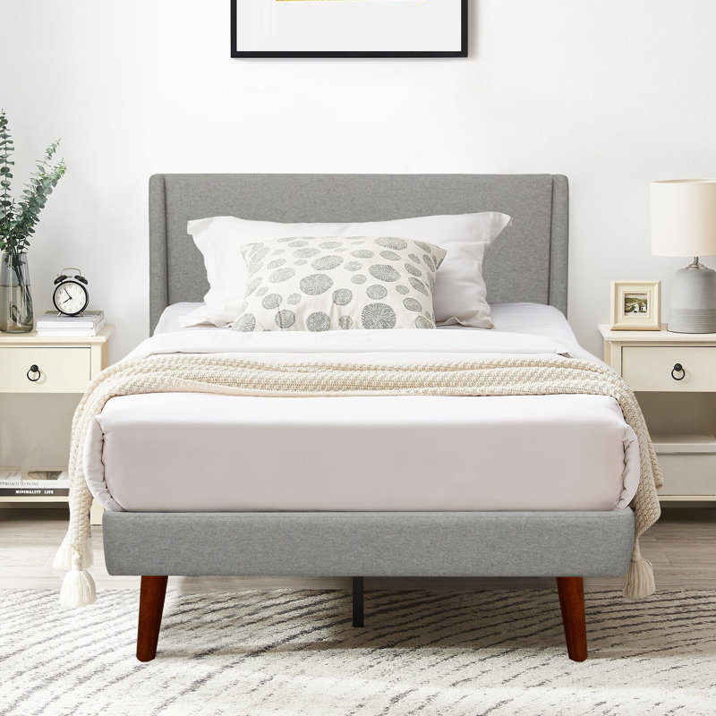 Glendel Upholstered Bed Frame With Dark Espresso Stain Legs, Easy Assemble, Curved Design, Simply Stunning, Queen