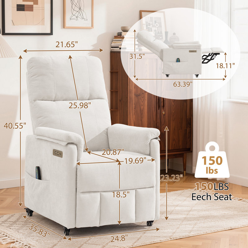 Recliner Chair, Electric Recliners with Heat and Massage, Small Recliner for Small Space, Recliner with USB Ports & Side Pockets