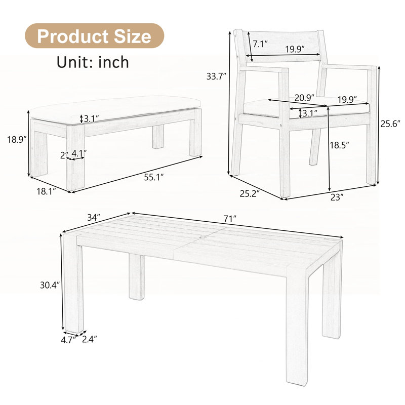 Ensemble de table de salle à manger pour 6 personnes, Teck clair