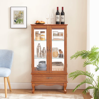 Armoire vitrée éclairée avec porte-bouteilles vitrée avec tablettes réglables en verre, 2 portes et 1 tiroir
