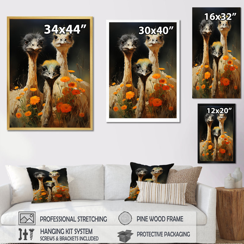 Autruches gracieuses sur autruche sur toile, Toile tendue, H 32 po x l 16 po