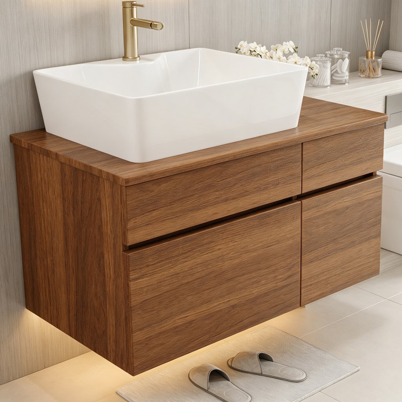 Meuble-lavabo flottant avec lavabo, 2 armoires et 1 tiroir, Walnut