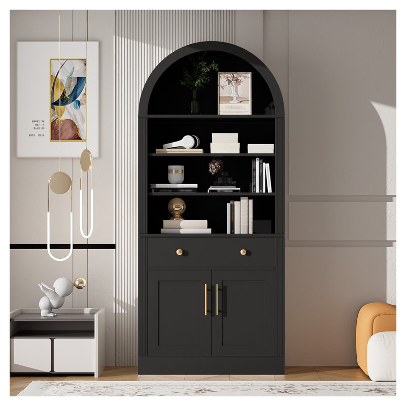 Grande bibliothèque arquée avec armoire de rangement et tablettes réglables, présentoir autoportant pour le salon ou le bureau personnel, noir