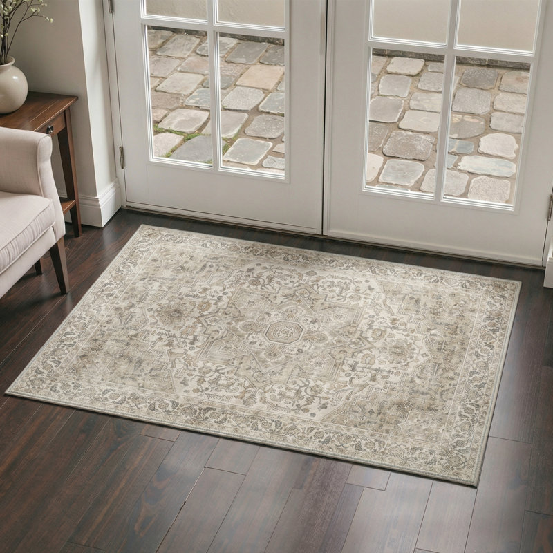 Tapis d'intérieur brun / beige lavable à la machine M mosaïque avec envers antidérapant, Rectangle 5 pi x 7 pi