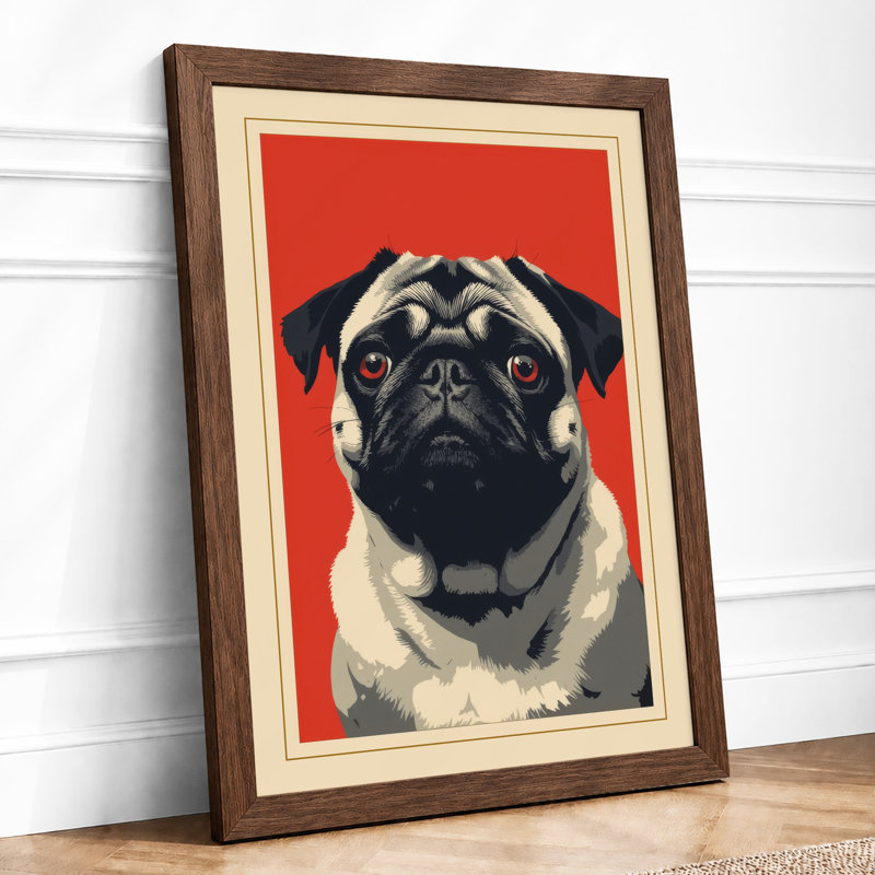 Pug Portrait Retro - Framed Print, A4 - 29.7 x 21.0 cm, Walnut