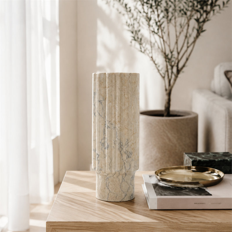 Vase en marbre massif naturel à rainures carrées – 11,5 cm, texture crème – Ornement décoratif floral de table luxueux