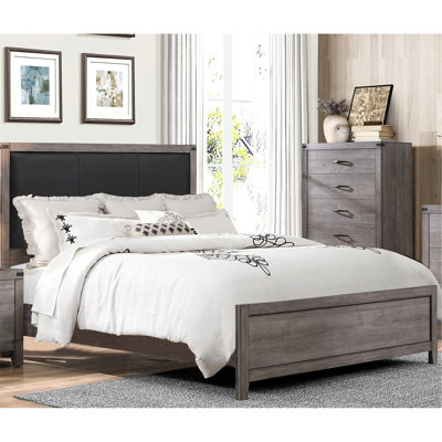 Mobilier de chambre à coucher: Lit double gris brunâtre avec tête de lit tapissier à dossier en cuir artificiel