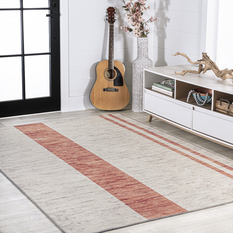 Amondo Modern Distressed Stripe Machine-Washable Ivory/Peach Rug, Rectangle 2'11" x 5'