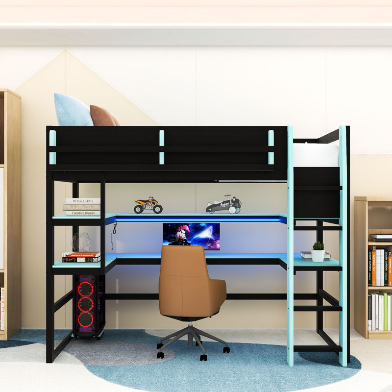 Lit mezzanine avec bureau, lumières RVB, support de rangement latéral et tablettes multiples, Lit simple, Bleu nuage