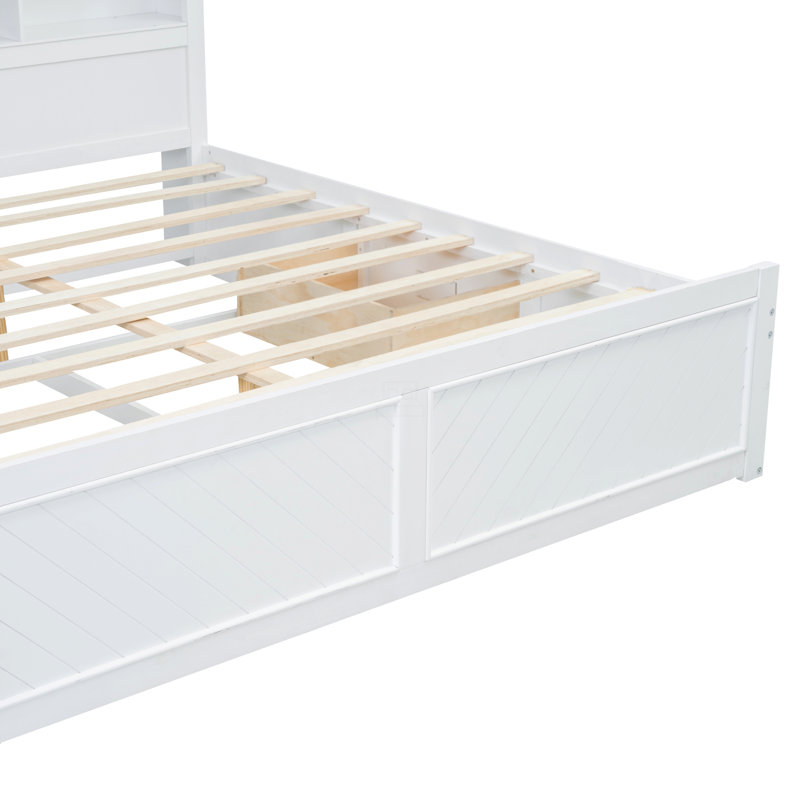 Lit plateforme très grand en bois avec tête de lit multi-rangement, USB et tiroirs, Blanc