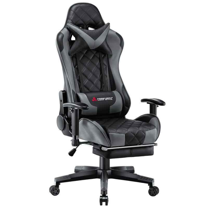 JL Comfurni Adjustable Reclining Ergonomic Faux Leather Swiveling PC & Racing Game Chair with Footrest, Grey