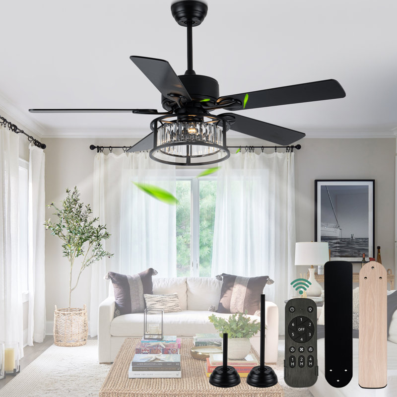 52in. Modern Crystal Ceiling Fan with Remote, Black 6-speed DC Motor Reversible Caged Ceiling Fan for Bedroom