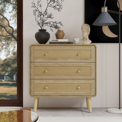 Mid-Century Modern Accent Chest With Rattan Detailing And Rubberwood Frame, 3 Drawers Storage Cabinet