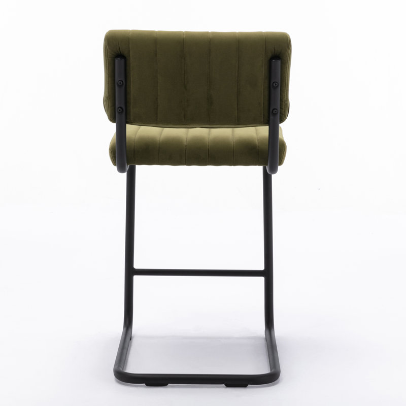 Olive Green Velvet Upholstered Counter Stool with Black Metal Frame
